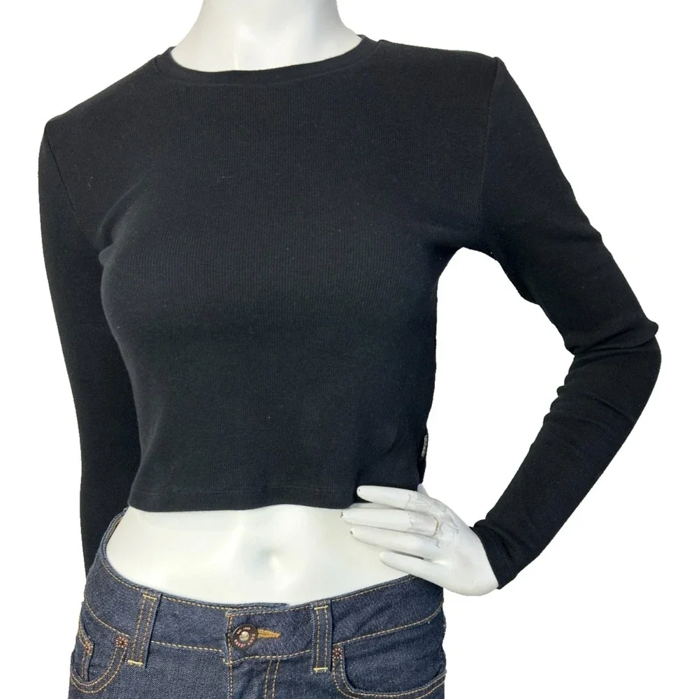TNA Aritzia Black Cropped Long Sleeve Ribbed Knit T-Shirt S Minimalist Basic EUC